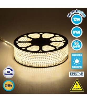 GLOBOSTAR® EPISLIM 70502 Ταινία LED 12W-m 1080lm-m 120° DC 220-240V Αδιάβροχη IP65 96 x SMD2835 Chip-m Θερμό Λευκό 2700K Dimmable - Epistar SMD Chip - Μ100 x Π1 x Υ0.5cm - 3 Χρόνια Εγγύηση